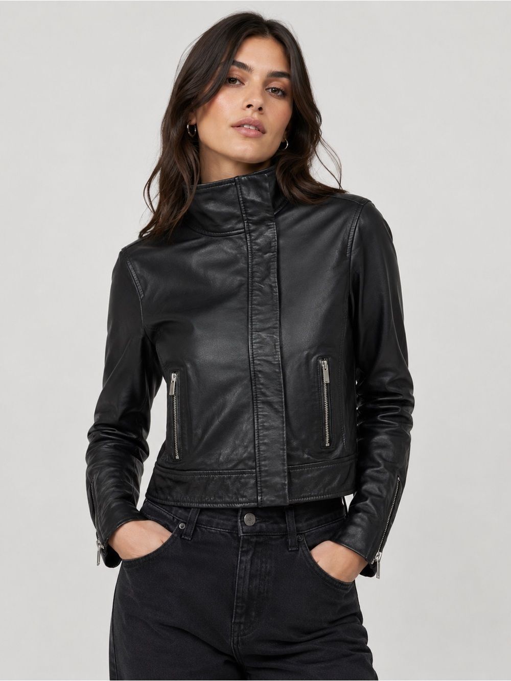 Babaton Jagger S Black Leather Moto Jacket High Neck Zip Cropped Biker Coat